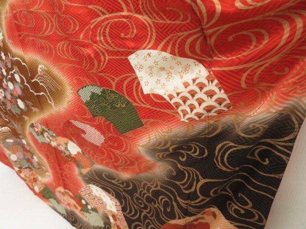 Photo4: 5710T11z1210  Japanese Kimono Silk FURISODE Peony Dull red (4)