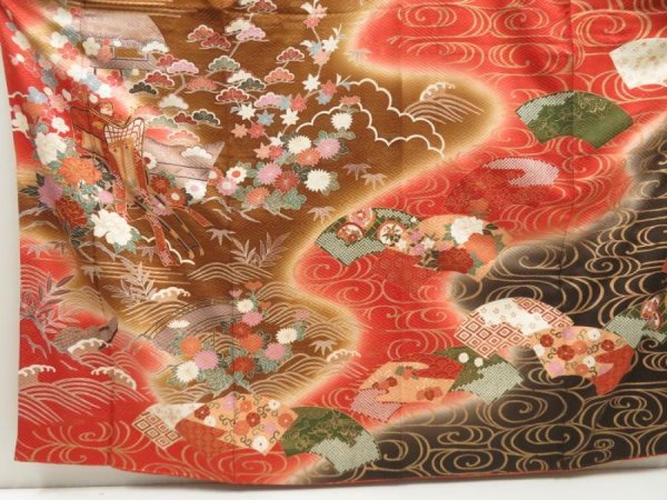 Photo5: 5710T11z1210  Japanese Kimono Silk FURISODE Peony Dull red (5)