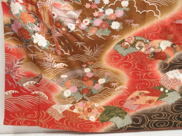 Photo6: 5710T11z1210  Japanese Kimono Silk FURISODE Peony Dull red (6)