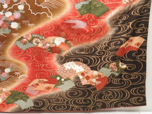 Photo7: 5710T11z1210  Japanese Kimono Silk FURISODE Peony Dull red (7)