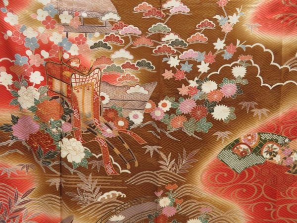Photo8: 5710T11z1210  Japanese Kimono Silk FURISODE Peony Dull red (8)