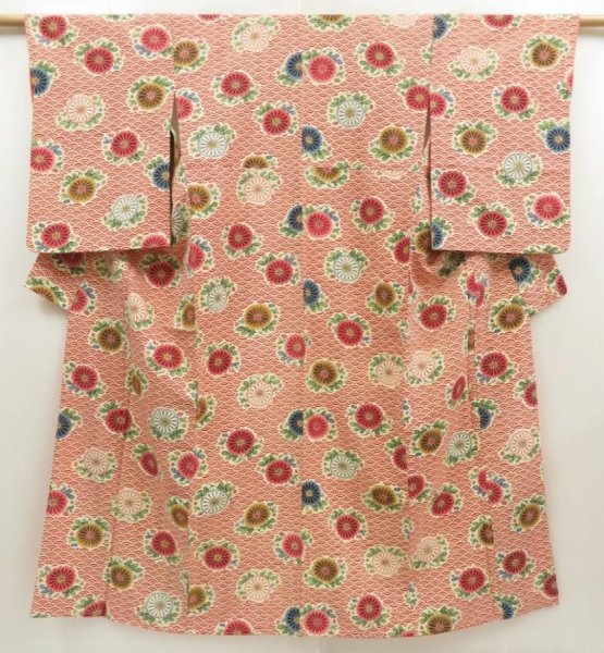 Photo1: 5710T12z1010 Vintage Japanese Kimono Silk KOMON Chrysanthemum Dark red (1)