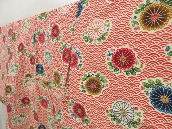 Photo2: 5710T12z1010 Vintage Japanese Kimono Silk KOMON Chrysanthemum Dark red (2)