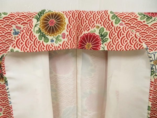 Photo7: 5710T12z1010 Vintage Japanese Kimono Silk KOMON Chrysanthemum Dark red (7)