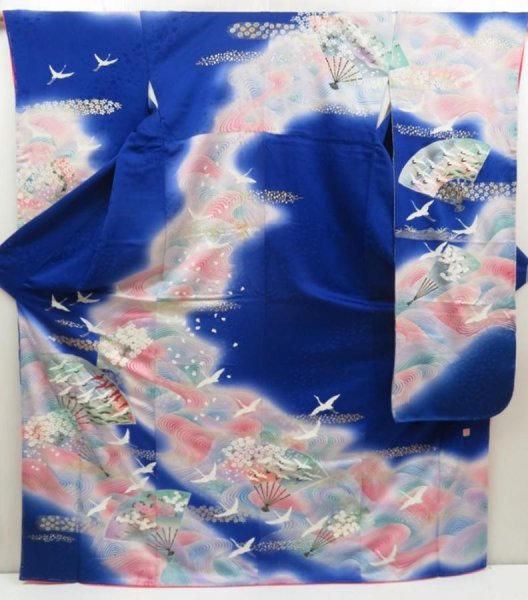 Photo1: 5710T13z1150  Japanese Kimono Silk FURISODE Folding fan Royal blue (1)