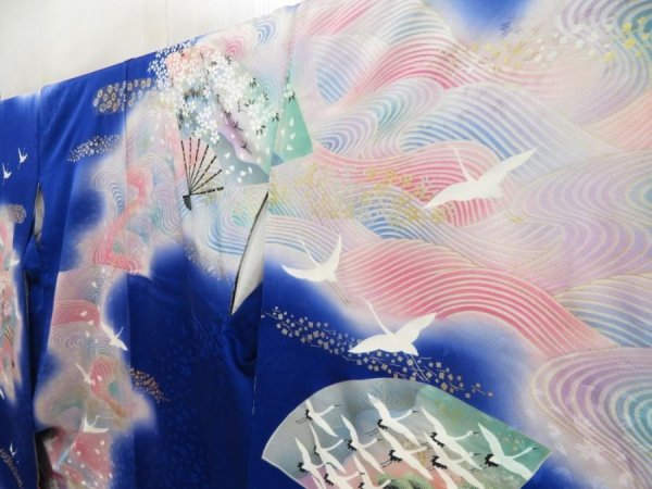 Photo2: 5710T13z1150  Japanese Kimono Silk FURISODE Folding fan Royal blue (2)