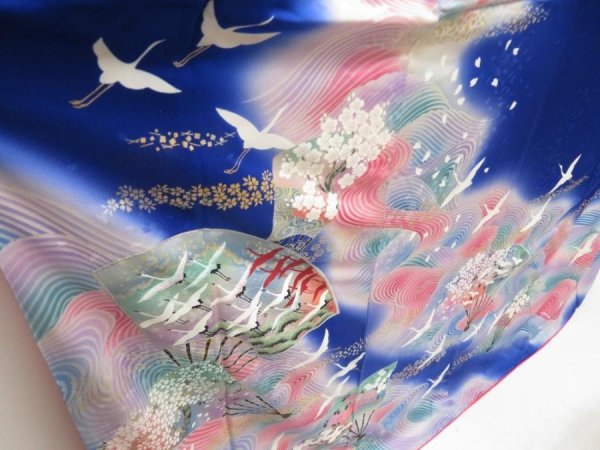 Photo3: 5710T13z1150  Japanese Kimono Silk FURISODE Folding fan Royal blue (3)