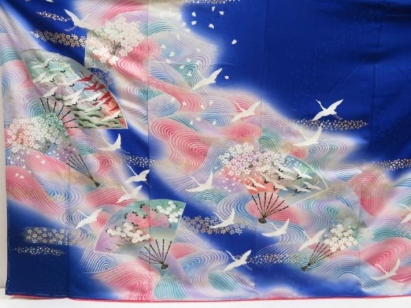 Photo5: 5710T13z1150  Japanese Kimono Silk FURISODE Folding fan Royal blue (5)