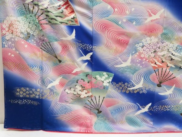 Photo6: 5710T13z1150  Japanese Kimono Silk FURISODE Folding fan Royal blue (6)
