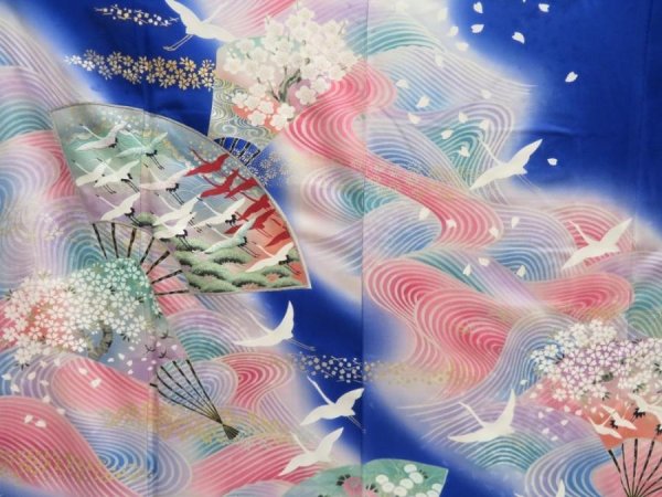 Photo8: 5710T13z1150  Japanese Kimono Silk FURISODE Folding fan Royal blue (8)