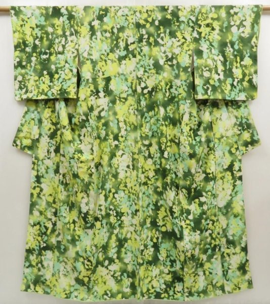 Photo1: 5712T01z860  Japanese Kimono Silk KOMON Leaf Moss green (1)