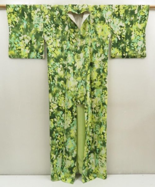 Photo8: 5712T01z860  Japanese Kimono Silk KOMON Leaf Moss green (8)