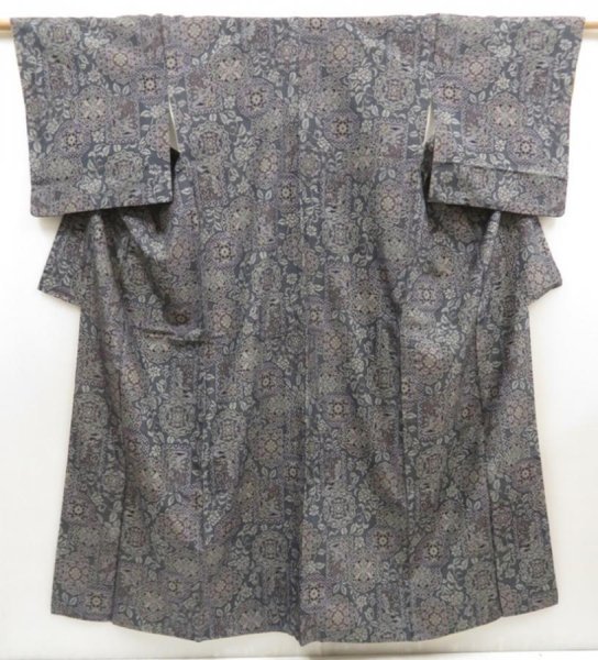 Photo1: 5712T04z740 Vintage Japanese Kimono Silk TSUMUGI  Navy-Gray (1)