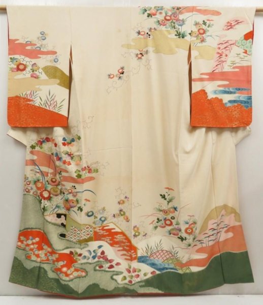 Photo1: 5712T10z1010 Vintage Japanese Kimono Silk TSUKESAGE Chrysanthemum Sand beige (1)