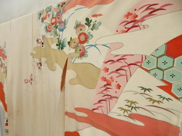 Photo2: 5712T10z1010 Vintage Japanese Kimono Silk TSUKESAGE Chrysanthemum Sand beige (2)