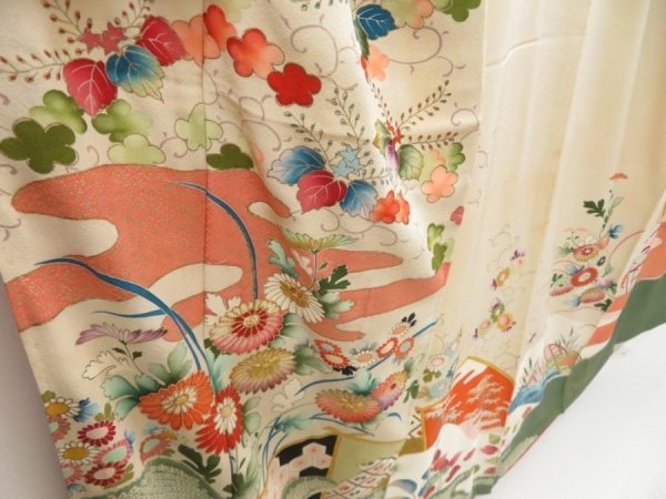 Photo3: 5712T10z1010 Vintage Japanese Kimono Silk TSUKESAGE Chrysanthemum Sand beige (3)