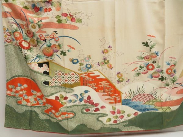 Photo5: 5712T10z1010 Vintage Japanese Kimono Silk TSUKESAGE Chrysanthemum Sand beige (5)