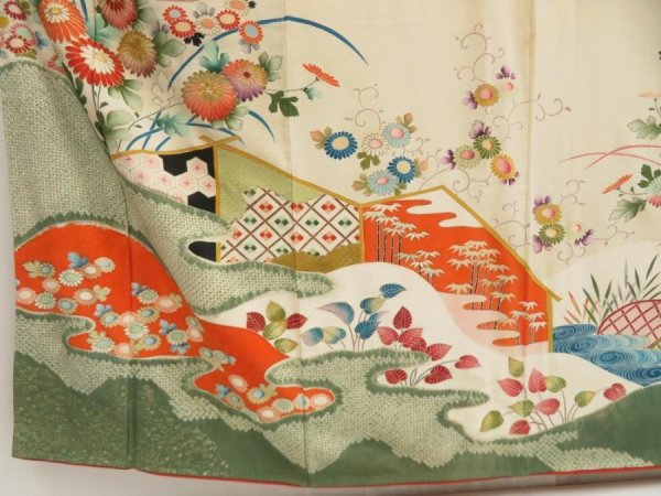 Photo6: 5712T10z1010 Vintage Japanese Kimono Silk TSUKESAGE Chrysanthemum Sand beige (6)