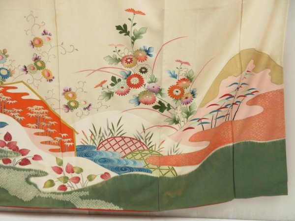 Photo7: 5712T10z1010 Vintage Japanese Kimono Silk TSUKESAGE Chrysanthemum Sand beige (7)