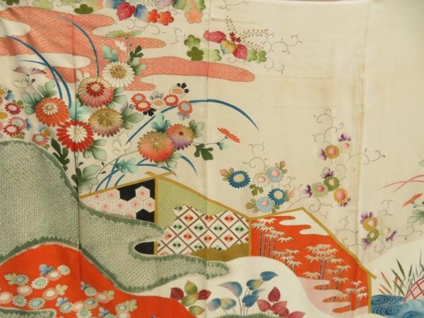 Photo8: 5712T10z1010 Vintage Japanese Kimono Silk TSUKESAGE Chrysanthemum Sand beige (8)
