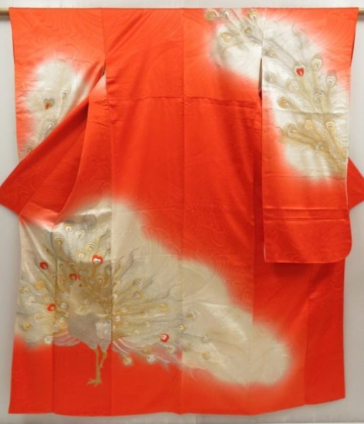 Photo1: 5712T11z1250 Vintage Japanese Kimono Silk FURISODE Peacock Tomato red (1)