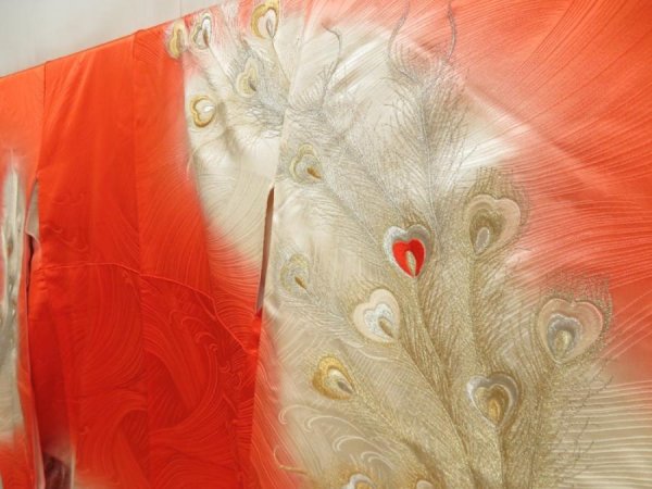 Photo2: 5712T11z1250 Vintage Japanese Kimono Silk FURISODE Peacock Tomato red (2)