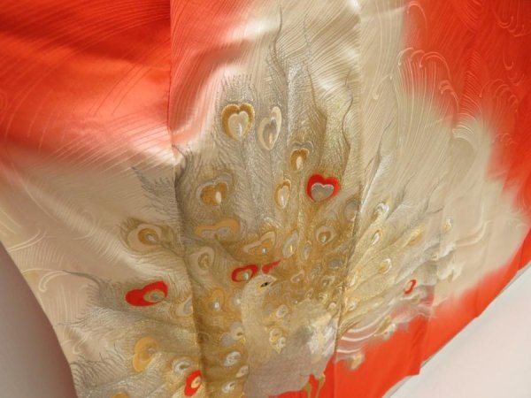 Photo3: 5712T11z1250 Vintage Japanese Kimono Silk FURISODE Peacock Tomato red (3)