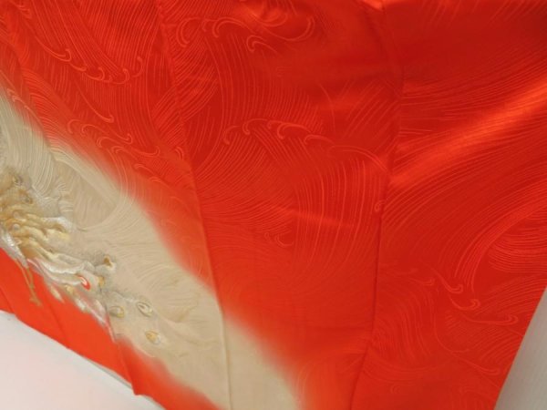 Photo4: 5712T11z1250 Vintage Japanese Kimono Silk FURISODE Peacock Tomato red (4)