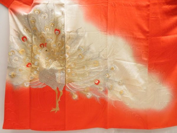 Photo5: 5712T11z1250 Vintage Japanese Kimono Silk FURISODE Peacock Tomato red (5)