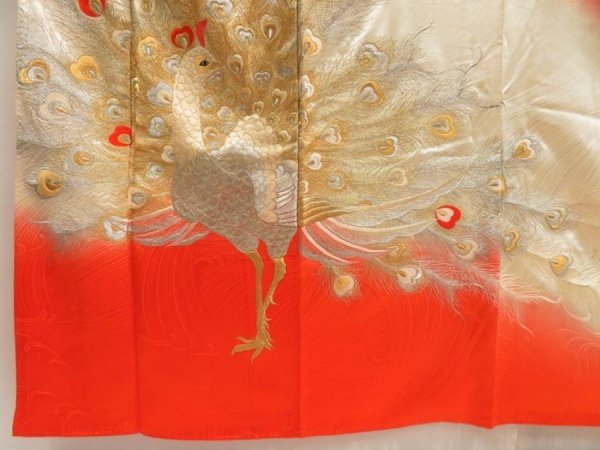 Photo6: 5712T11z1250 Vintage Japanese Kimono Silk FURISODE Peacock Tomato red (6)
