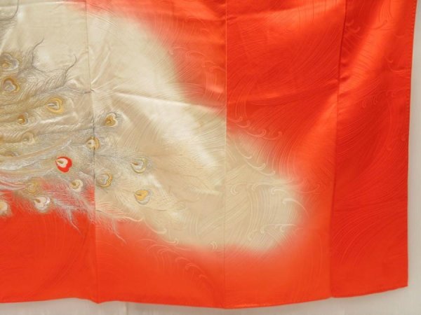 Photo7: 5712T11z1250 Vintage Japanese Kimono Silk FURISODE Peacock Tomato red (7)