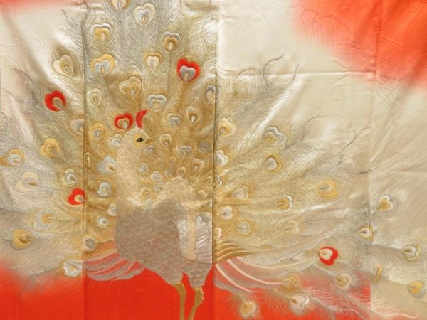 Photo8: 5712T11z1250 Vintage Japanese Kimono Silk FURISODE Peacock Tomato red (8)