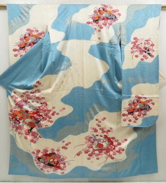 Photo1: 5712T12z1150 Vintage Japanese Kimono Silk FURISODE Folding fan Light blue (1)