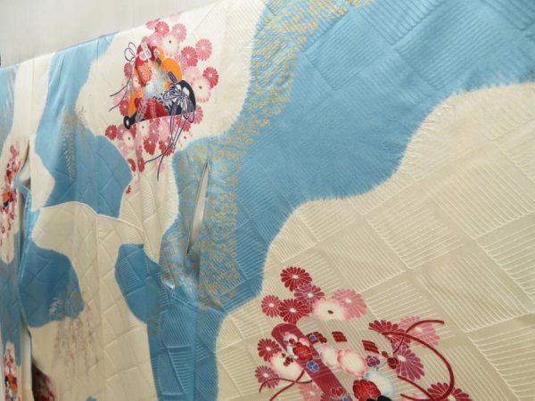 Photo2: 5712T12z1150 Vintage Japanese Kimono Silk FURISODE Folding fan Light blue (2)