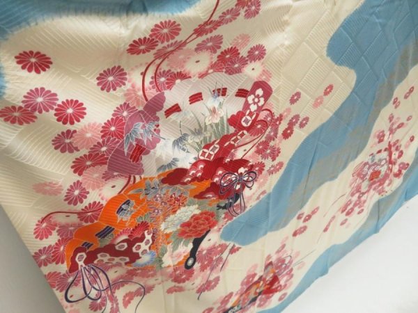 Photo3: 5712T12z1150 Vintage Japanese Kimono Silk FURISODE Folding fan Light blue (3)