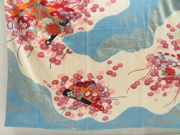 Photo6: 5712T12z1150 Vintage Japanese Kimono Silk FURISODE Folding fan Light blue (6)