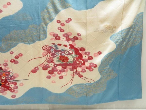 Photo7: 5712T12z1150 Vintage Japanese Kimono Silk FURISODE Folding fan Light blue (7)