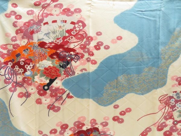 Photo8: 5712T12z1150 Vintage Japanese Kimono Silk FURISODE Folding fan Light blue (8)
