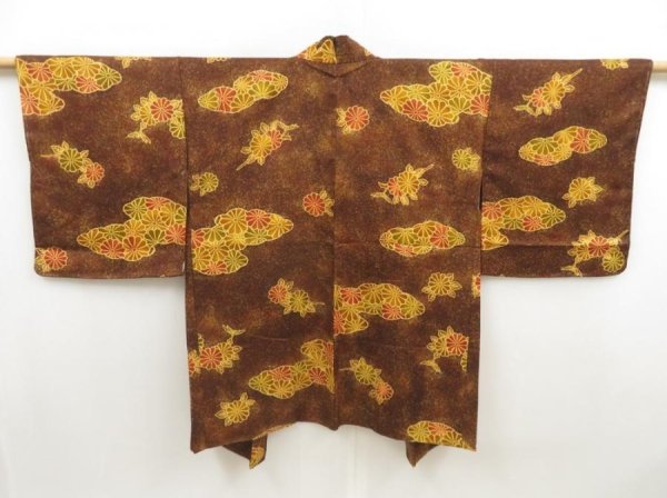 Photo1: 5716T04z530  Japanese Kimono Silk HAORI Chrysanthemum Dark brown (1)