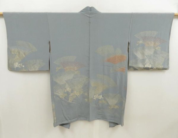 Photo1: 5716T05z670 Vintage Japanese Kimono Silk HAORI Chrysanthemum Blue-Gray (1)