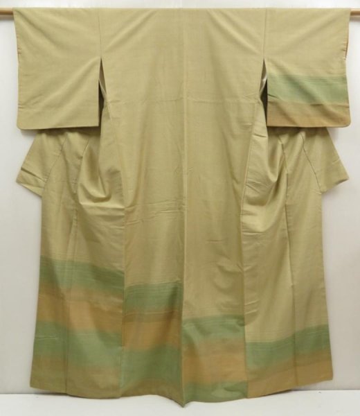 Photo1: 5716T06z930 Vintage Japanese Kimono Silk TSUMUGI  Light olive (1)