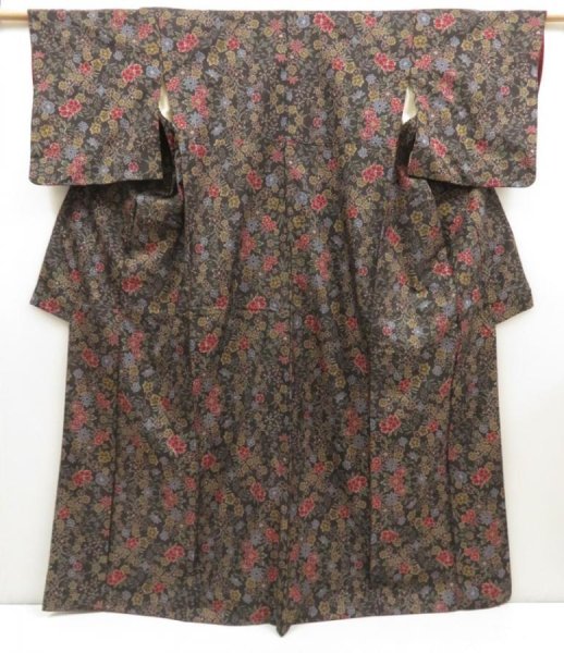 Photo1: 5716T07z750 Vintage Japanese Kimono Silk OSHIMA TSUMUGI Flowers Black (1)