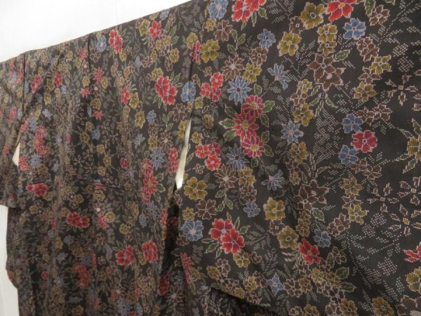 Photo2: 5716T07z750 Vintage Japanese Kimono Silk OSHIMA TSUMUGI Flowers Black (2)