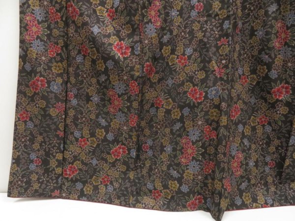 Photo4: 5716T07z750 Vintage Japanese Kimono Silk OSHIMA TSUMUGI Flowers Black (4)