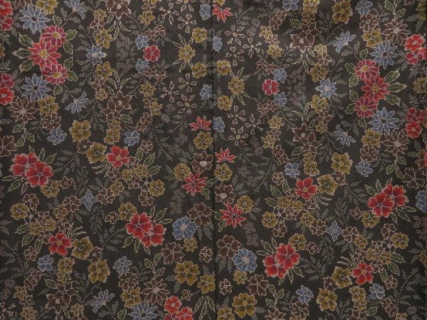 Photo5: 5716T07z750 Vintage Japanese Kimono Silk OSHIMA TSUMUGI Flowers Black (5)