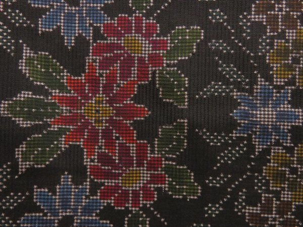 Photo6: 5716T07z750 Vintage Japanese Kimono Silk OSHIMA TSUMUGI Flowers Black (6)