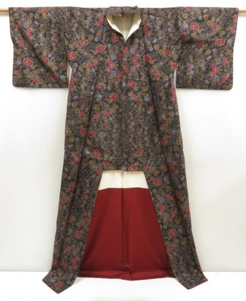 Photo8: 5716T07z750 Vintage Japanese Kimono Silk OSHIMA TSUMUGI Flowers Black (8)