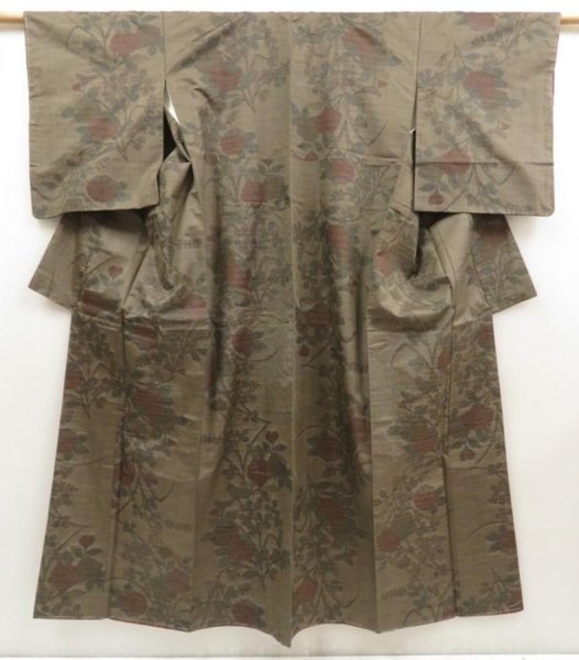 Photo1: 5716T08z720 Vintage Japanese Kimono Silk TSUMUGI Flowers Brown-Gray (1)