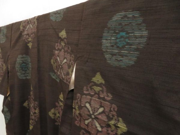 Photo2: 5716T09z810 Vintage Japanese Kimono Silk TSUMUGI  Dark brown (2)