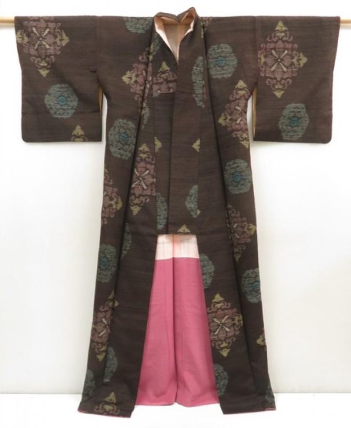 Photo8: 5716T09z810 Vintage Japanese Kimono Silk TSUMUGI  Dark brown (8)